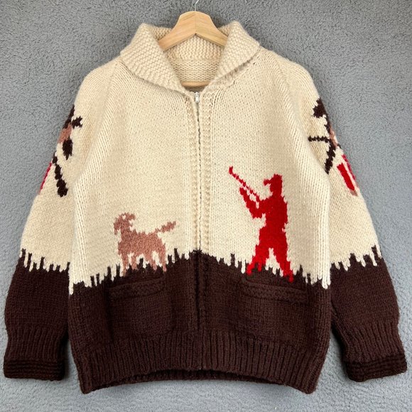 unknown Jackets & Blazers - Cowichan Pheasant Duck Hunt Vtg HAND KNIT Shawl Collar Sweater Cardigan Small
